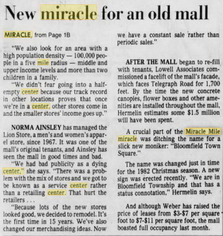 Miracle Mile Shopping Center - 1983 Article On Name Change To Bloomfield Town Square (newer photo)